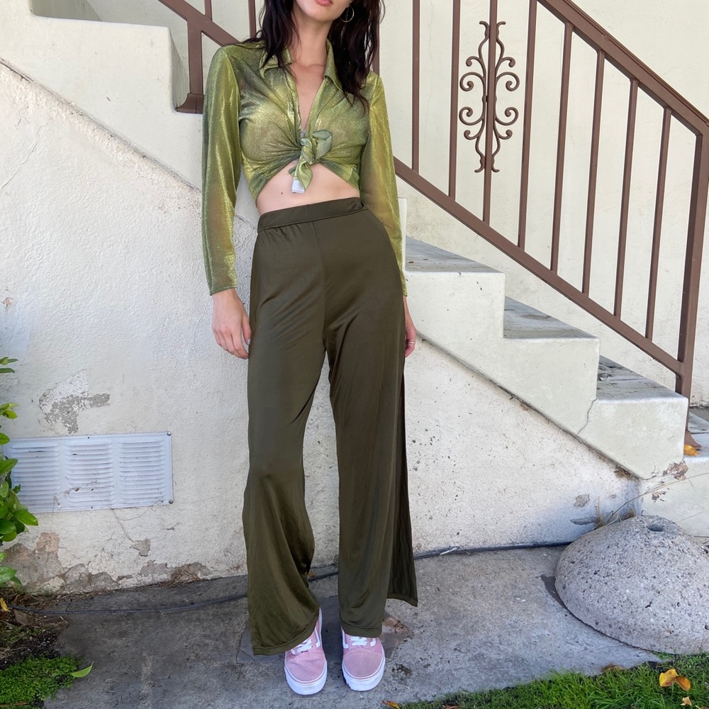 $5!! Green Flowy Pants with Slit, 2 - Picture 2 of 5